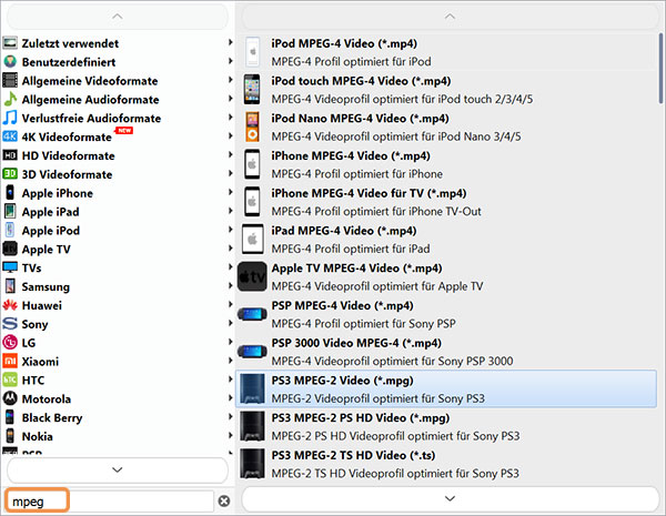 Ausgabeformat auswählen - TRP in MPEG umwandeln